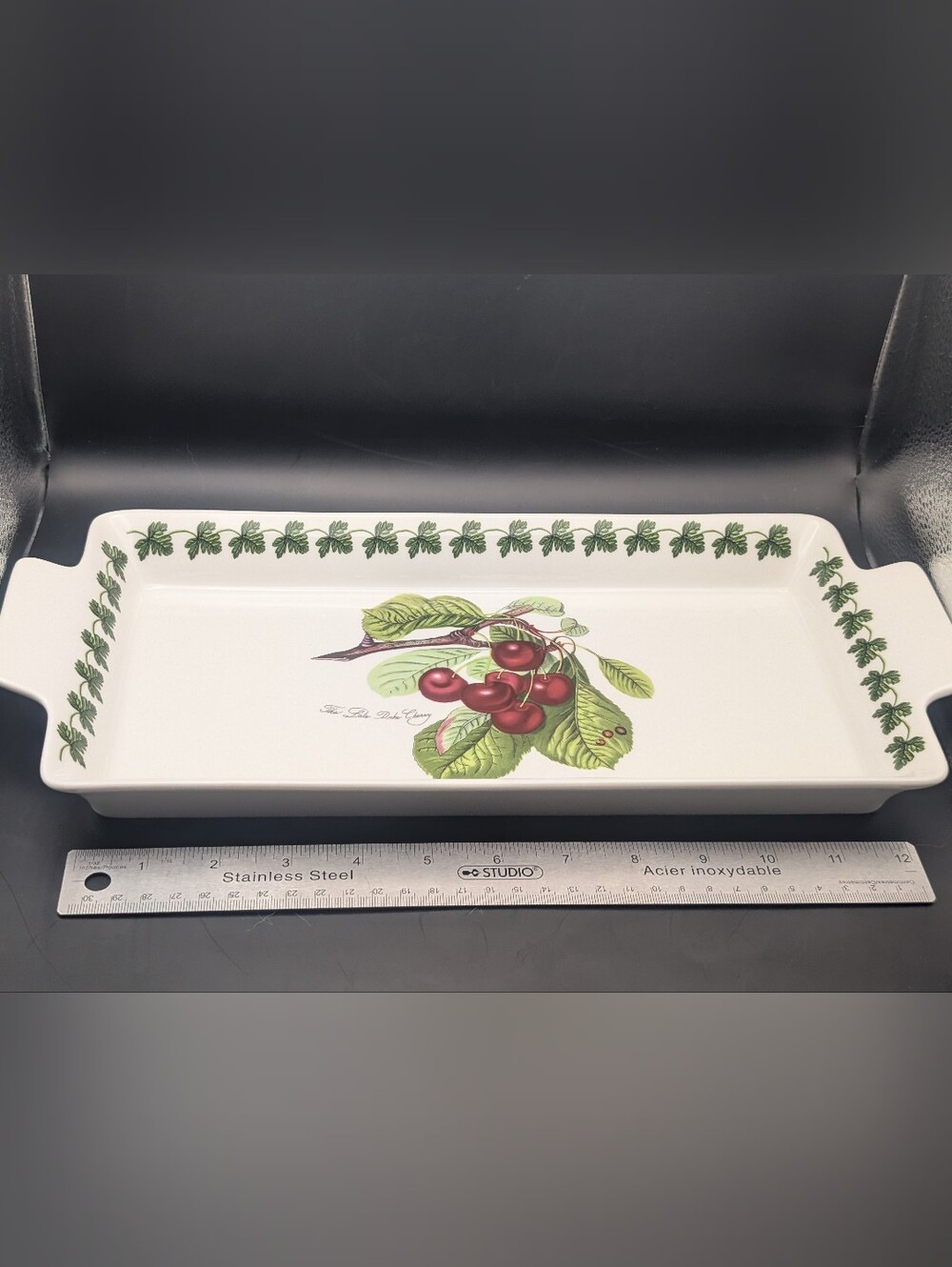 Portmeirion White Ceramic Tray with Red Cherries and Green Leaves